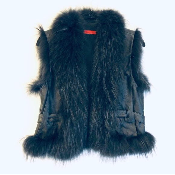 Saint Gil Genuine Rabbit Fur Trimmed Leather Vest - Picture 1 of 6